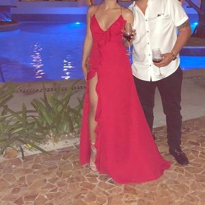 Red long ruffle dress